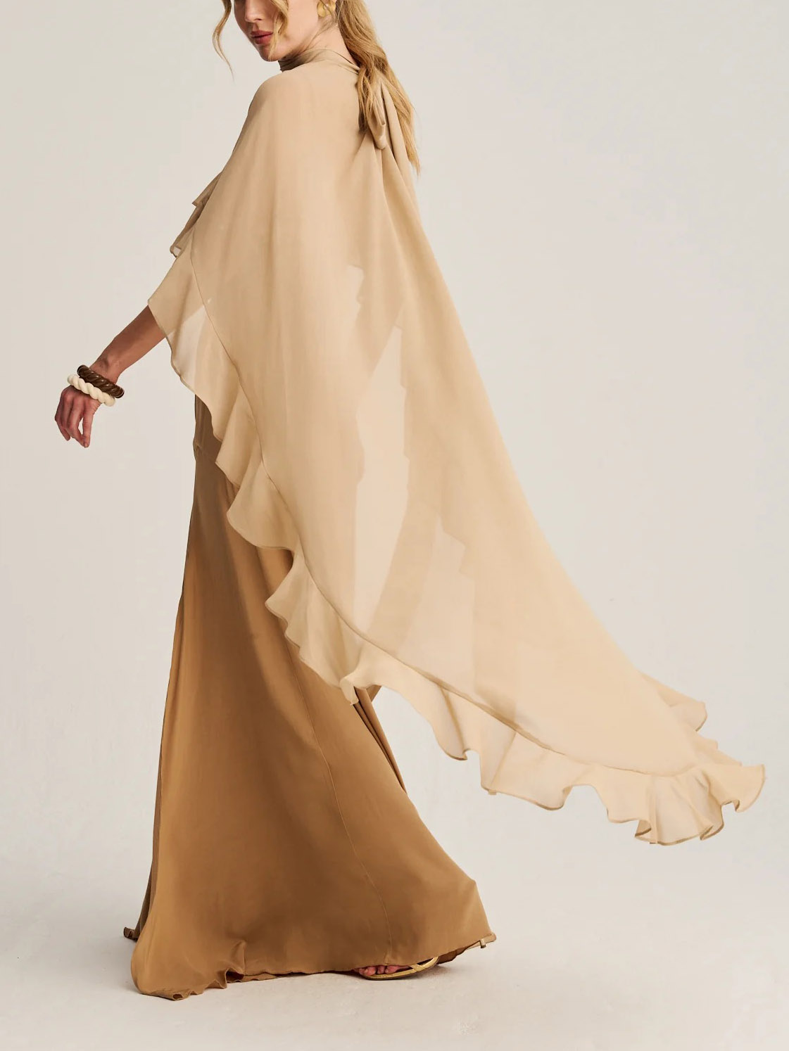 Elegant High Neck Ruffle Cape Maxi Dress
