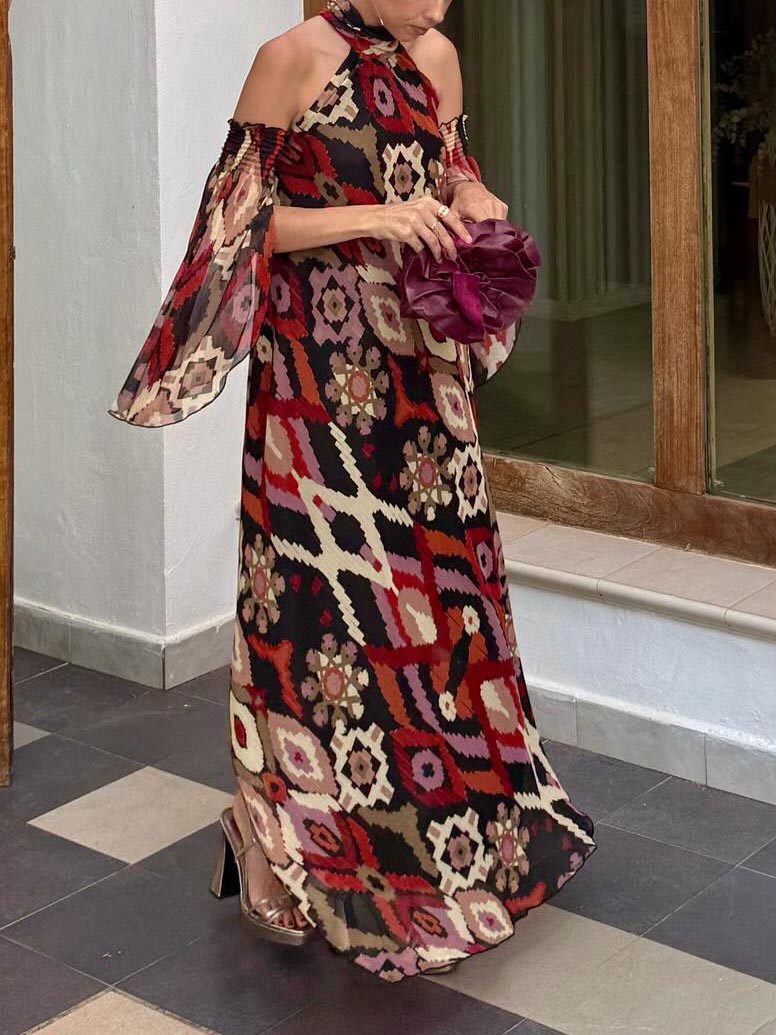 Retro Bohemian Geometric Print Convertible Sleeve Maxi Dress