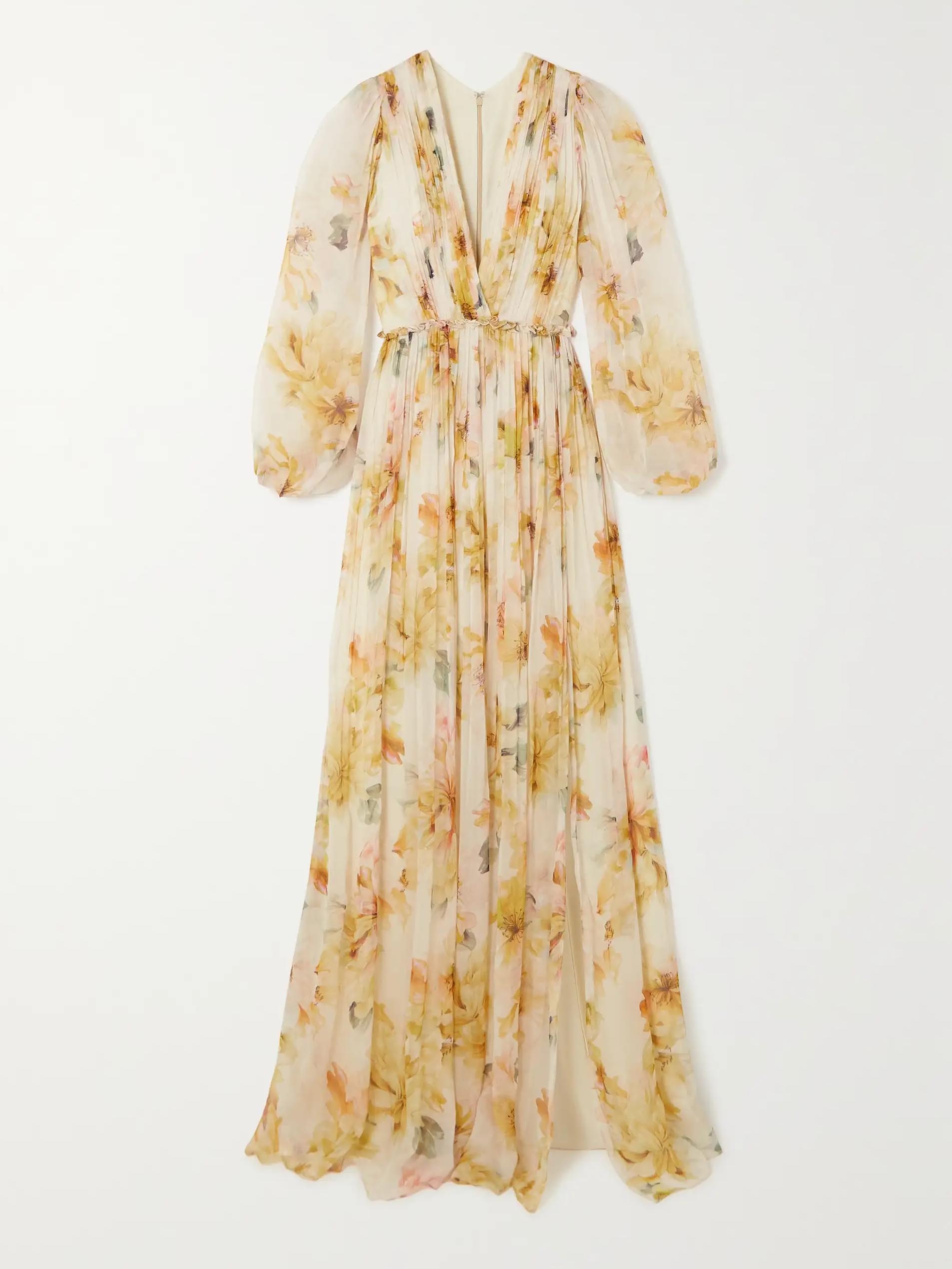 Exquisite V-neck Oil Painting Floral Print Pleated Chiffon Maxi Dress