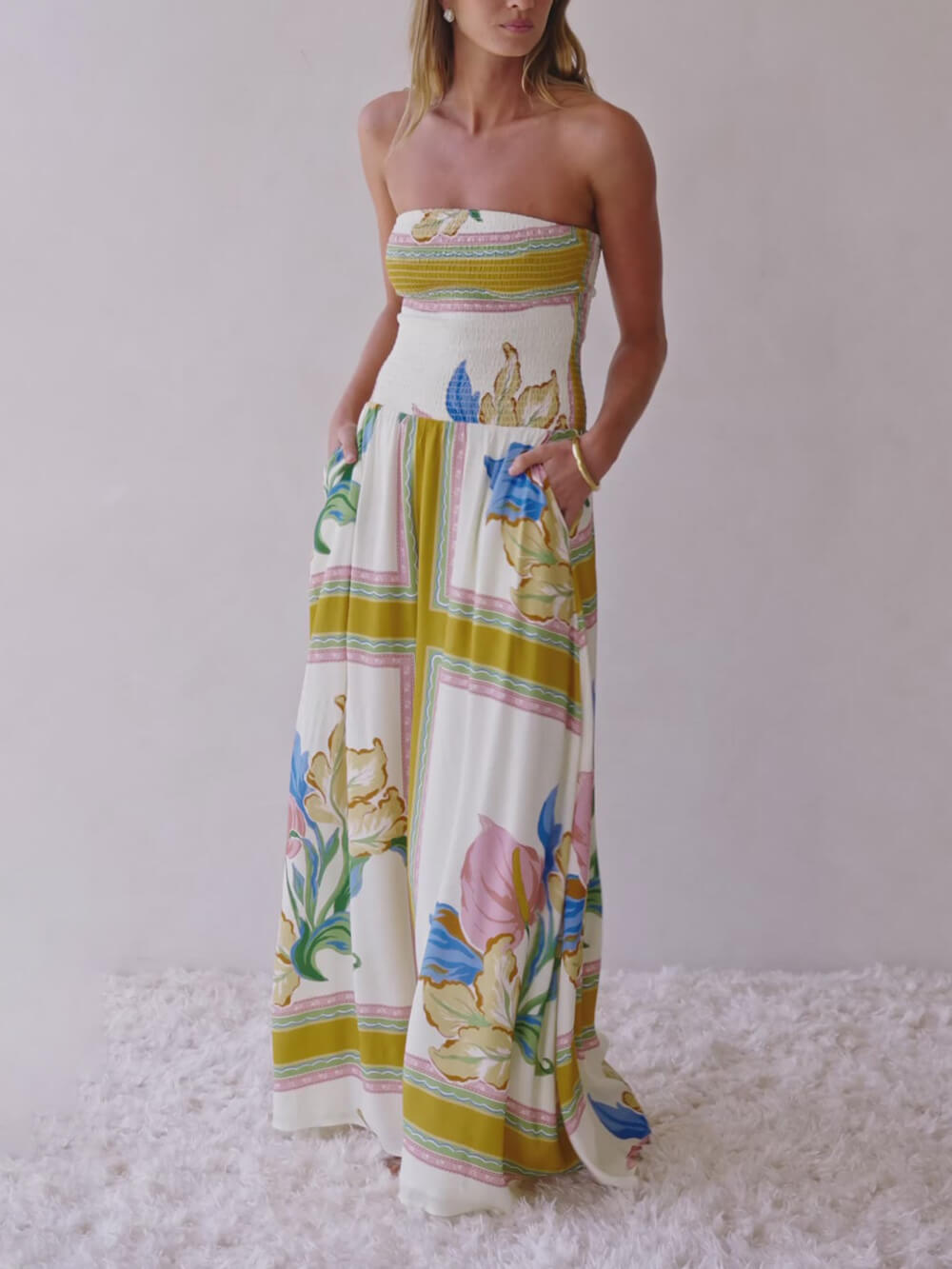 Elegant Off-Shoulder Printed Ruched A-Line With Pockets Maxi Dress