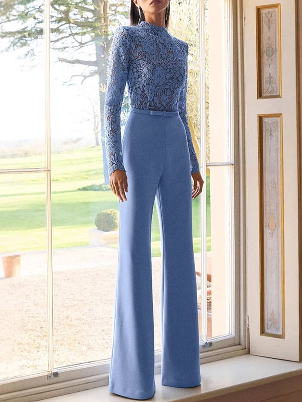 Elegant Party Charmer Flower Lace Patchwork Long Sleeve Bow Belted Flare Jumpsuit