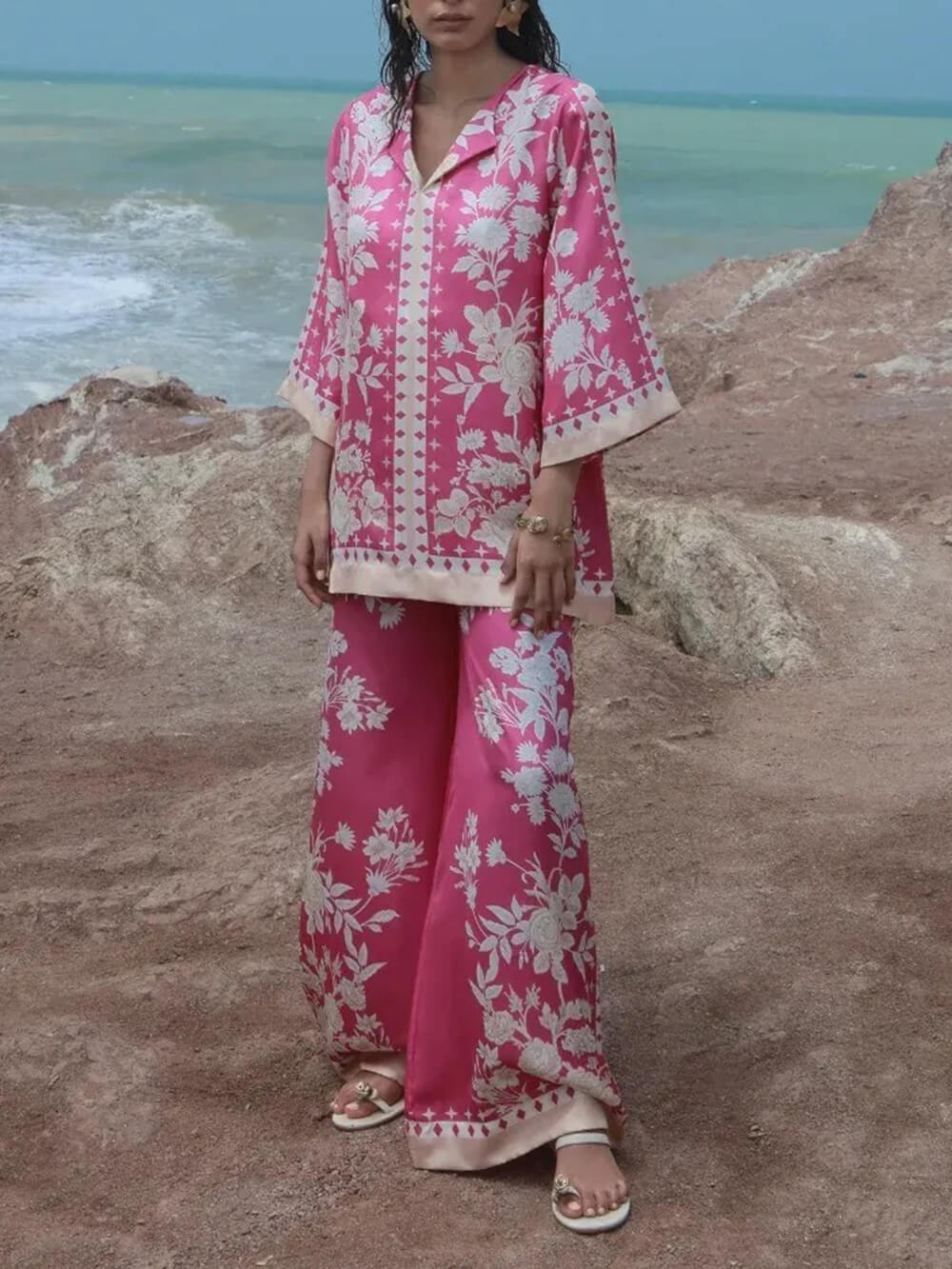 Casual Tropical Bloom Satin Floral Print Patchwork Loose Pocket Wide-Leg Pants