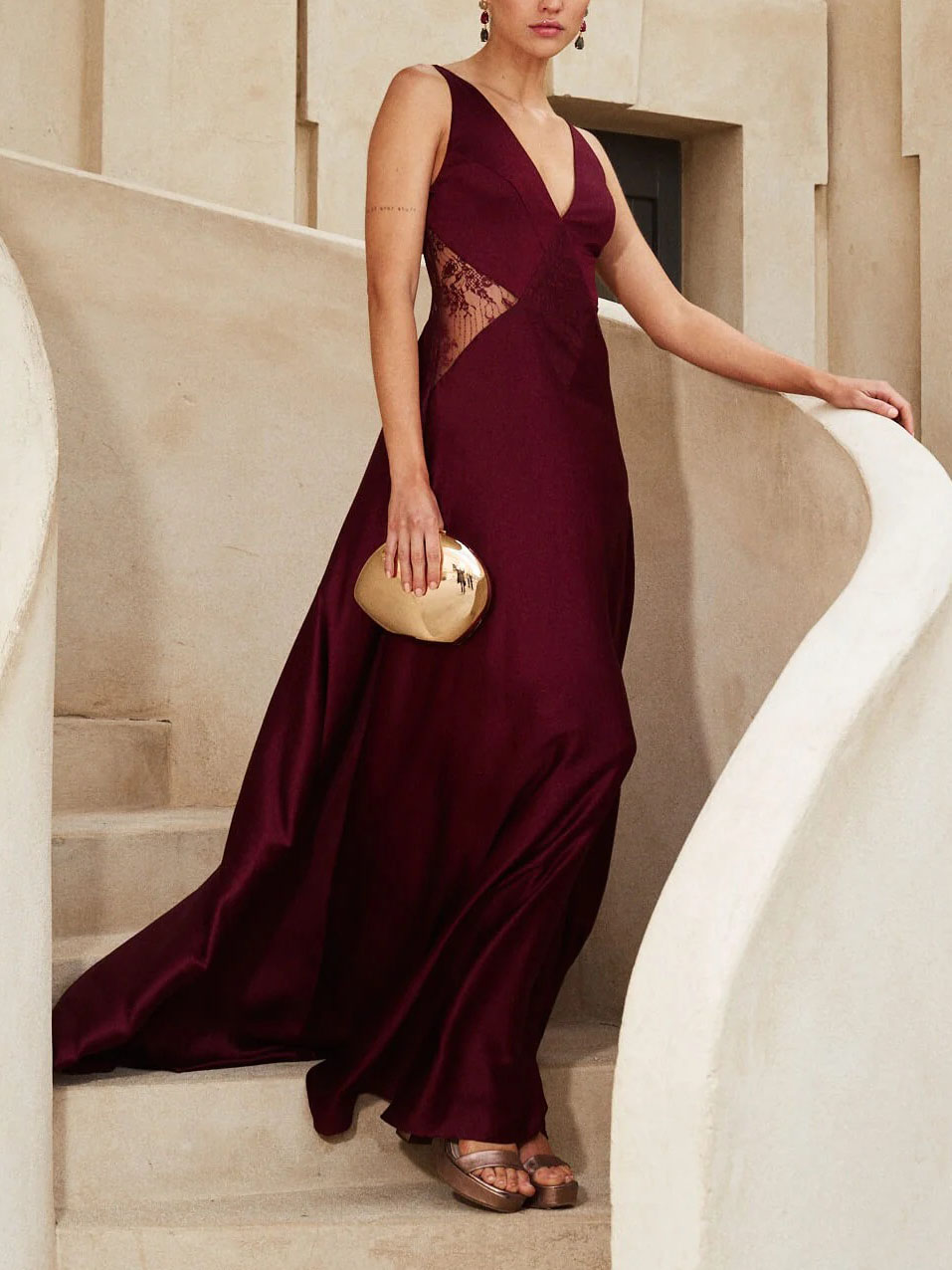 Elegant V-neck Lace Paneled Satin Maxi Dress