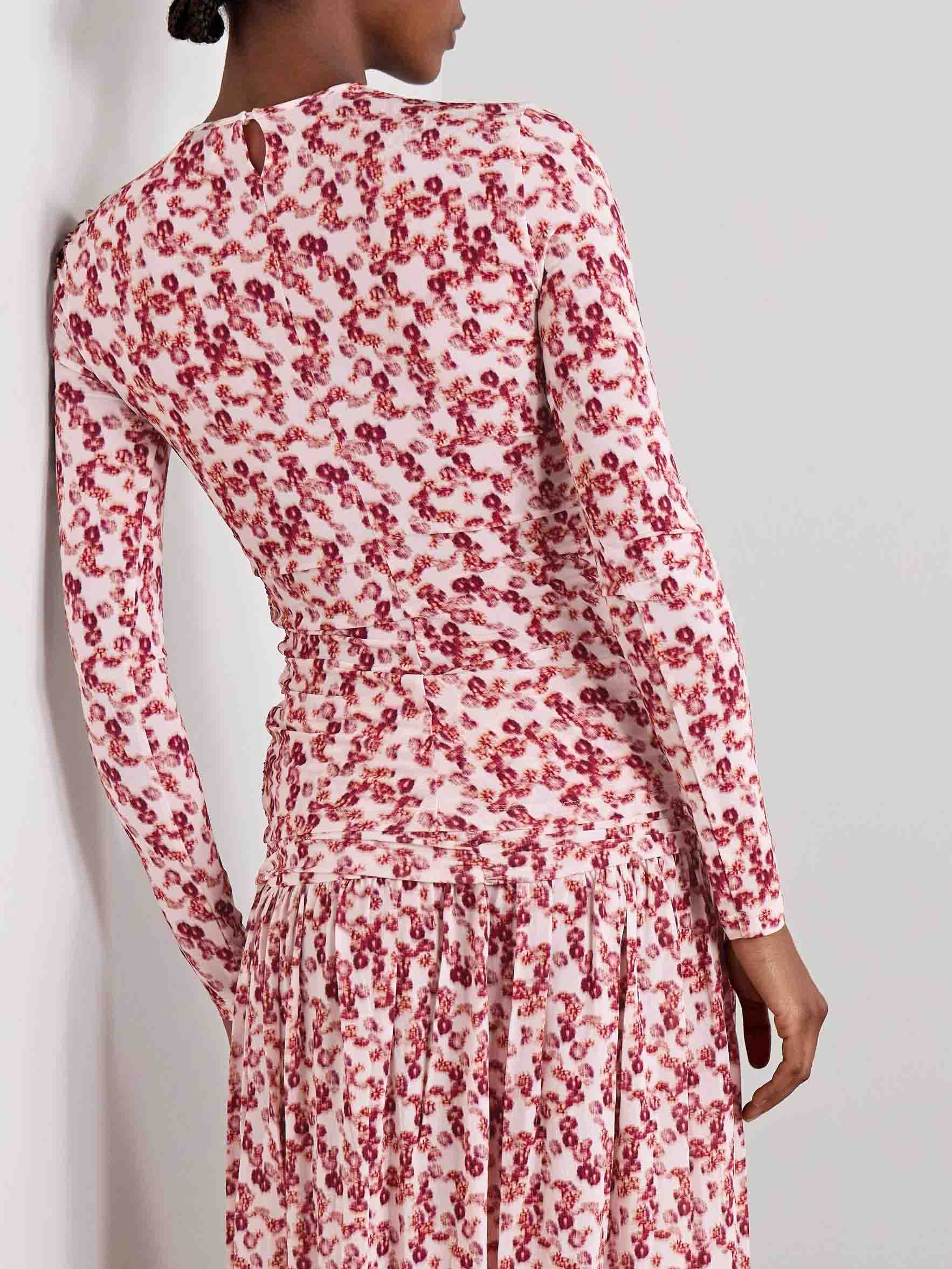 Exquisite Pleated Openwork Floral Print Stretch Knit T-shirt