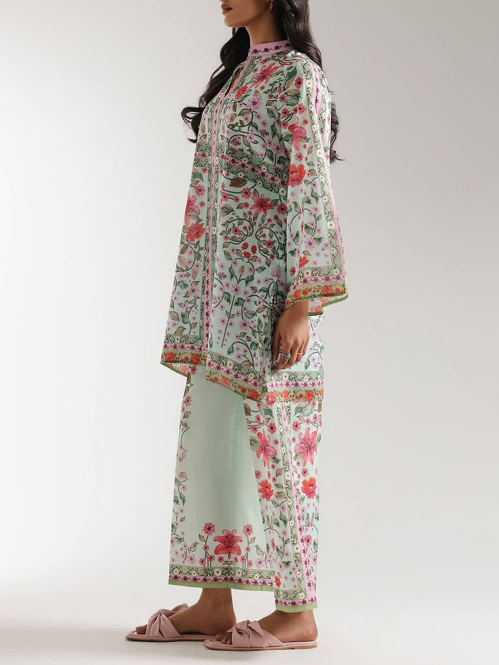 Unique Satin Symmetrical Floral Print Half-Collar Oversized Shirt