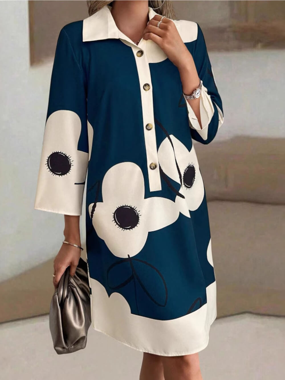 Elegant Printed Loose-Fitting 3/4 Sleeve Mini Dress