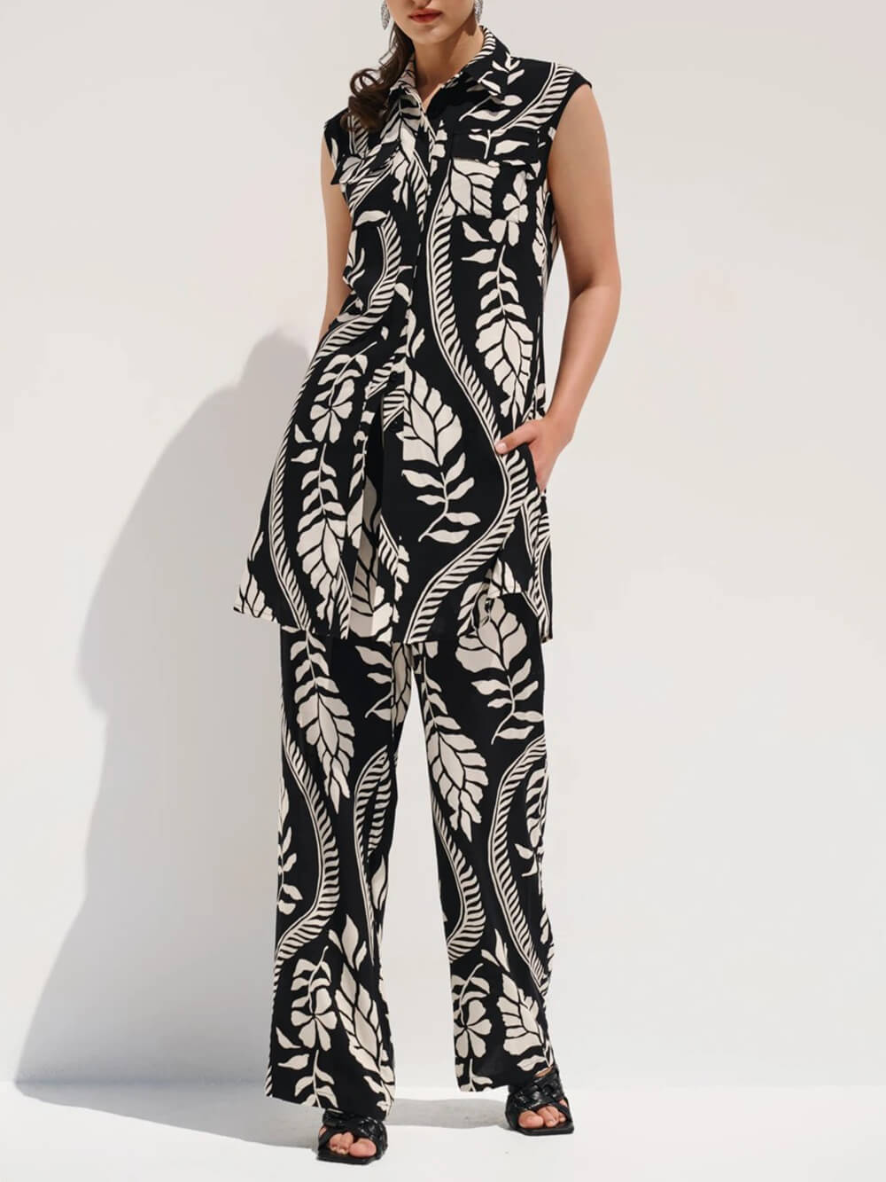 Unique High-Waisted Printed With Elastic Belt Pocket Straight-Leg Pants
