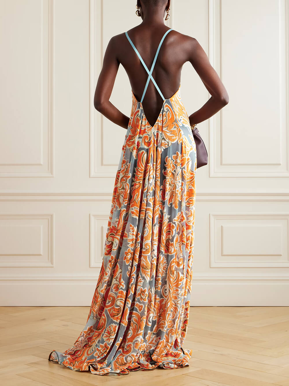 Unique Floral Print Backless A-Line Maxi Dress