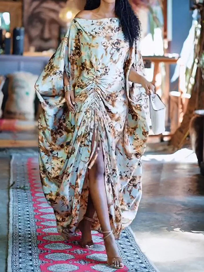 Elegant One-Shoulder Floral Draped Ruched Maxi Dress