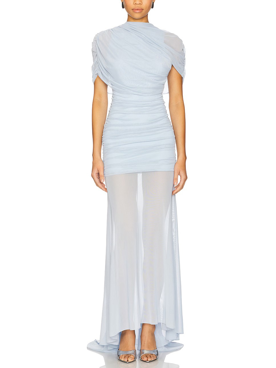 Elegant Ruched Sheer Panel Short-Sleeve Maxi Dress