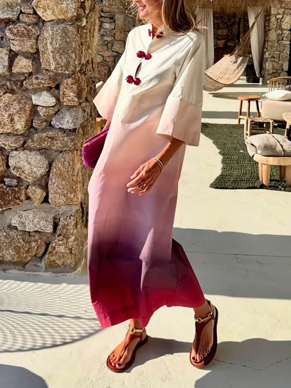 Unique Ombre Print Belted with Three-Quarter Sleeves Midi Dress