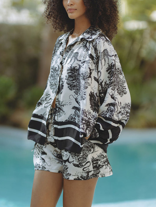 Satin Jungle Floral Print Loose Shorts Two-Piece Set