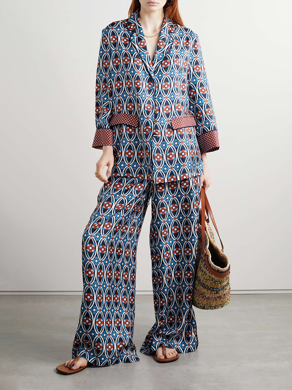 Unique Venice Print Satin Twill Elastic-Waist Wide-Leg Pants