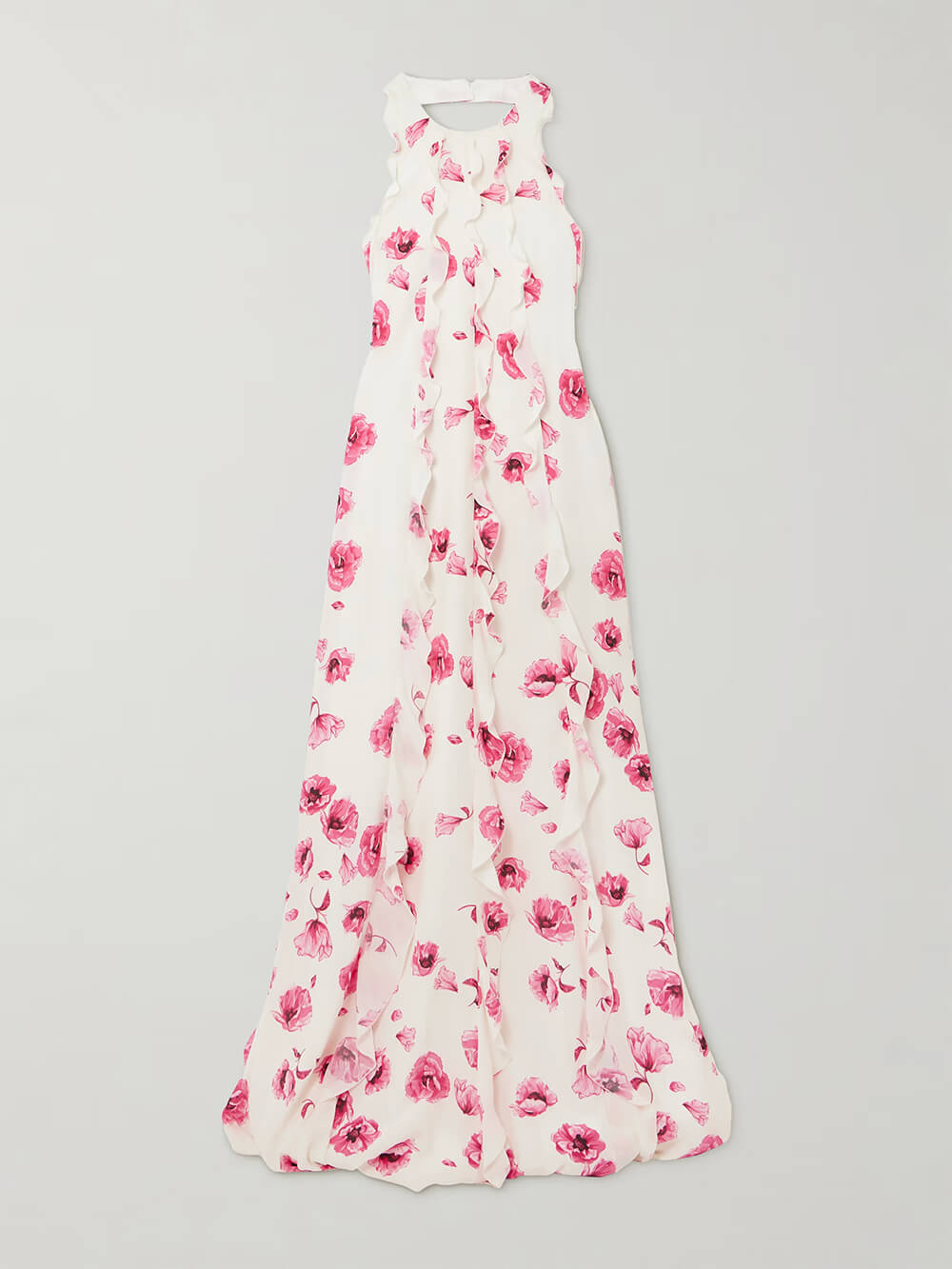 Retro Ruffle Floral Print Chiffon Crepe Chine Halter Maxi Dress