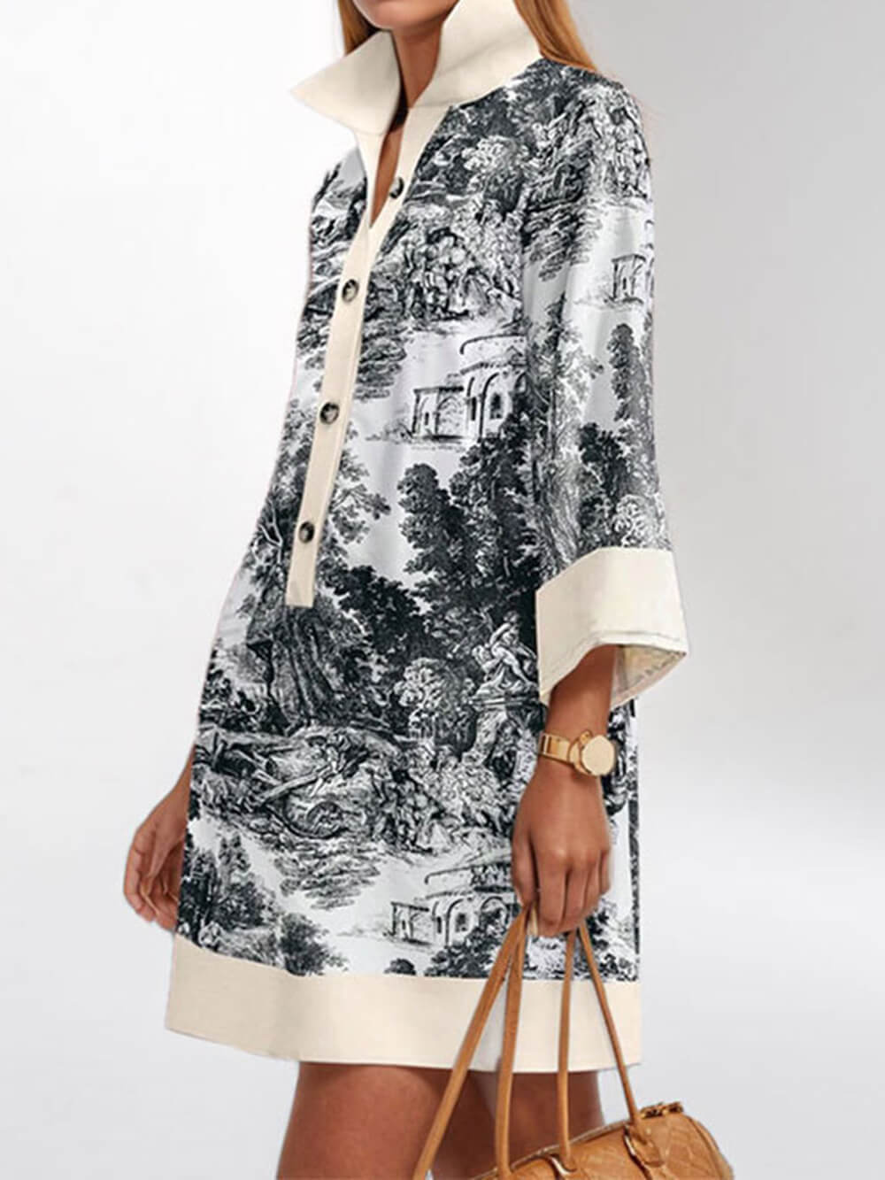 Elegant Oil Painting Pattern Contrast Print Loose Mini Dress