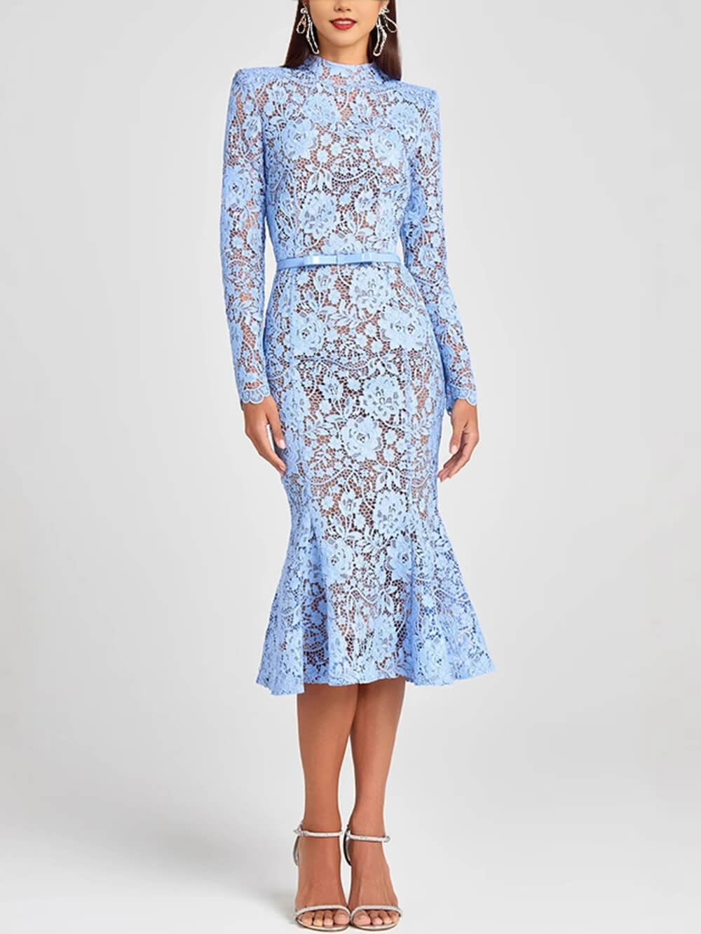Elegant Lace Belted Long Sleeve Mermaid Midi Dress