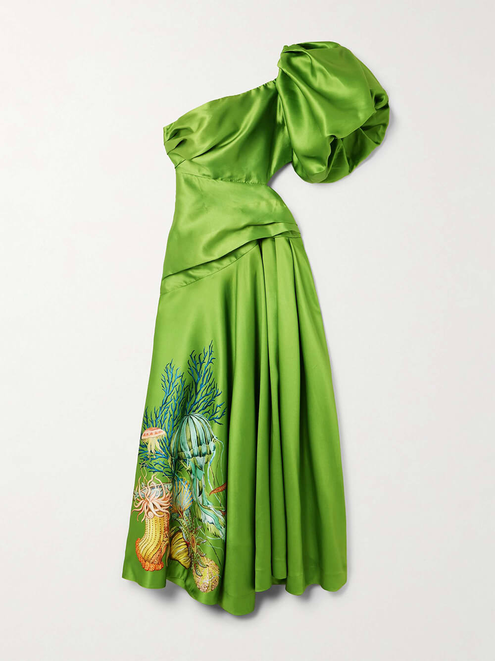 Unique One-Shoulder Gathered Printed Satin-Twill Maxi Dress