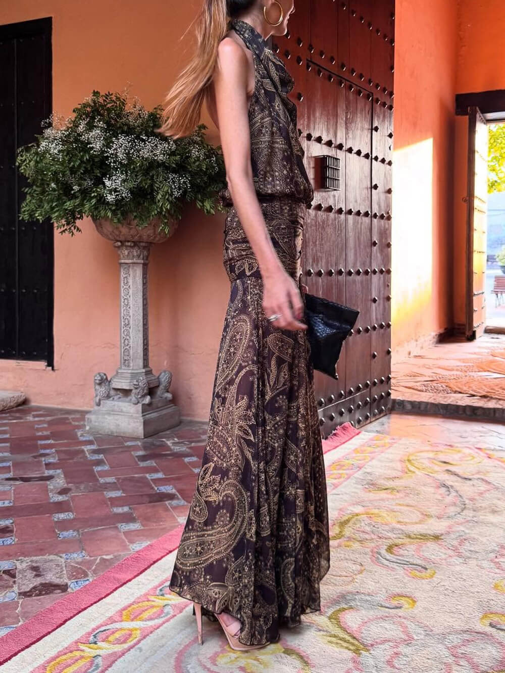 Elegant Unique Paisley Print Ruched Backless Pleated Maxi Dress