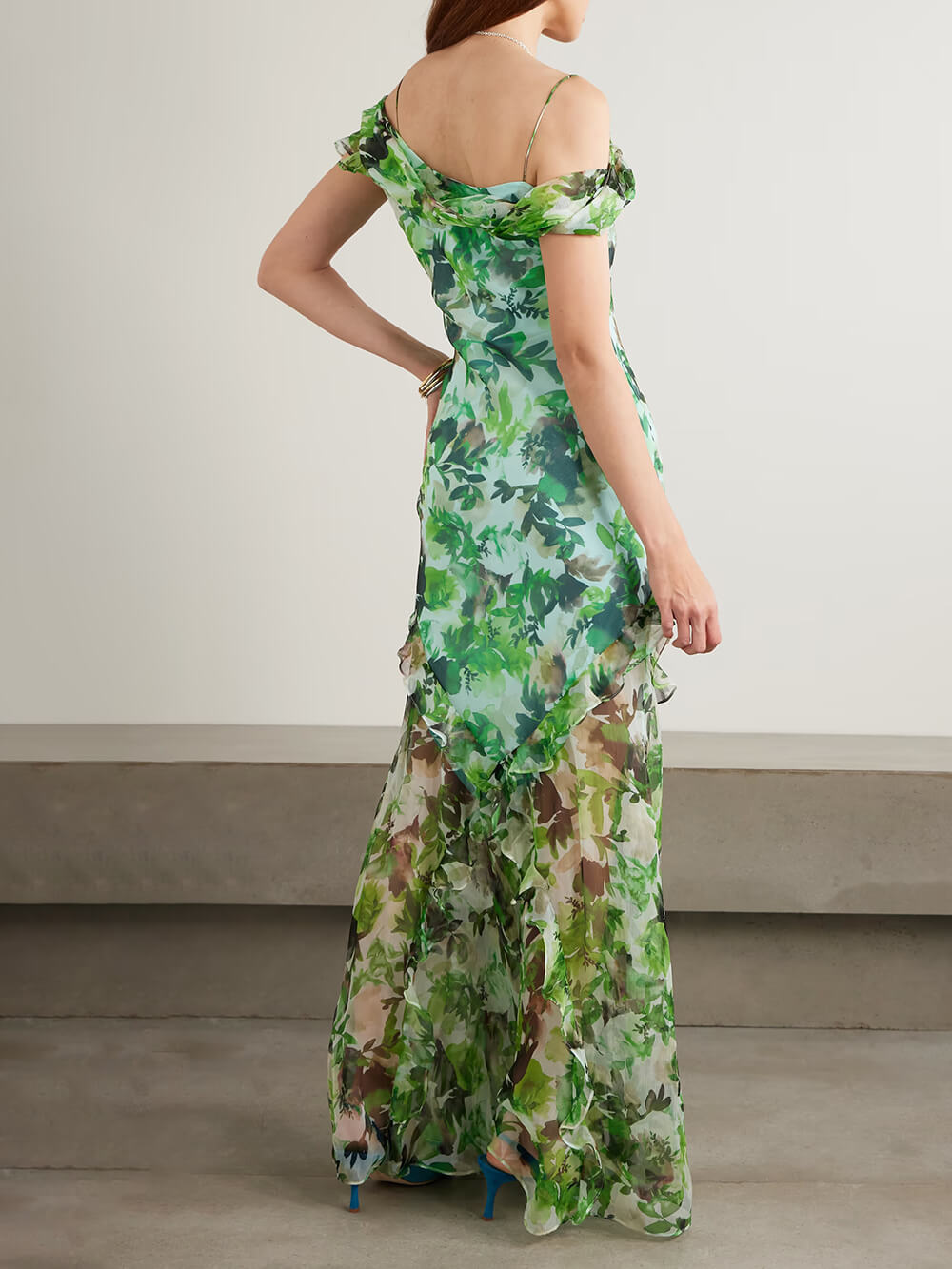 Exquisite Off-Shoulder Ruffle Floral Print Chiffon Maxi Dress