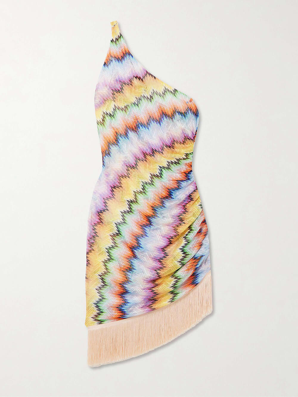 Delicate One-Shoulder Fringed Printed Tulle Mini Dress