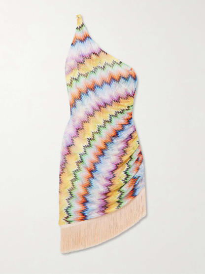 Delicate One-Shoulder Fringed Printed Tulle Mini Dress