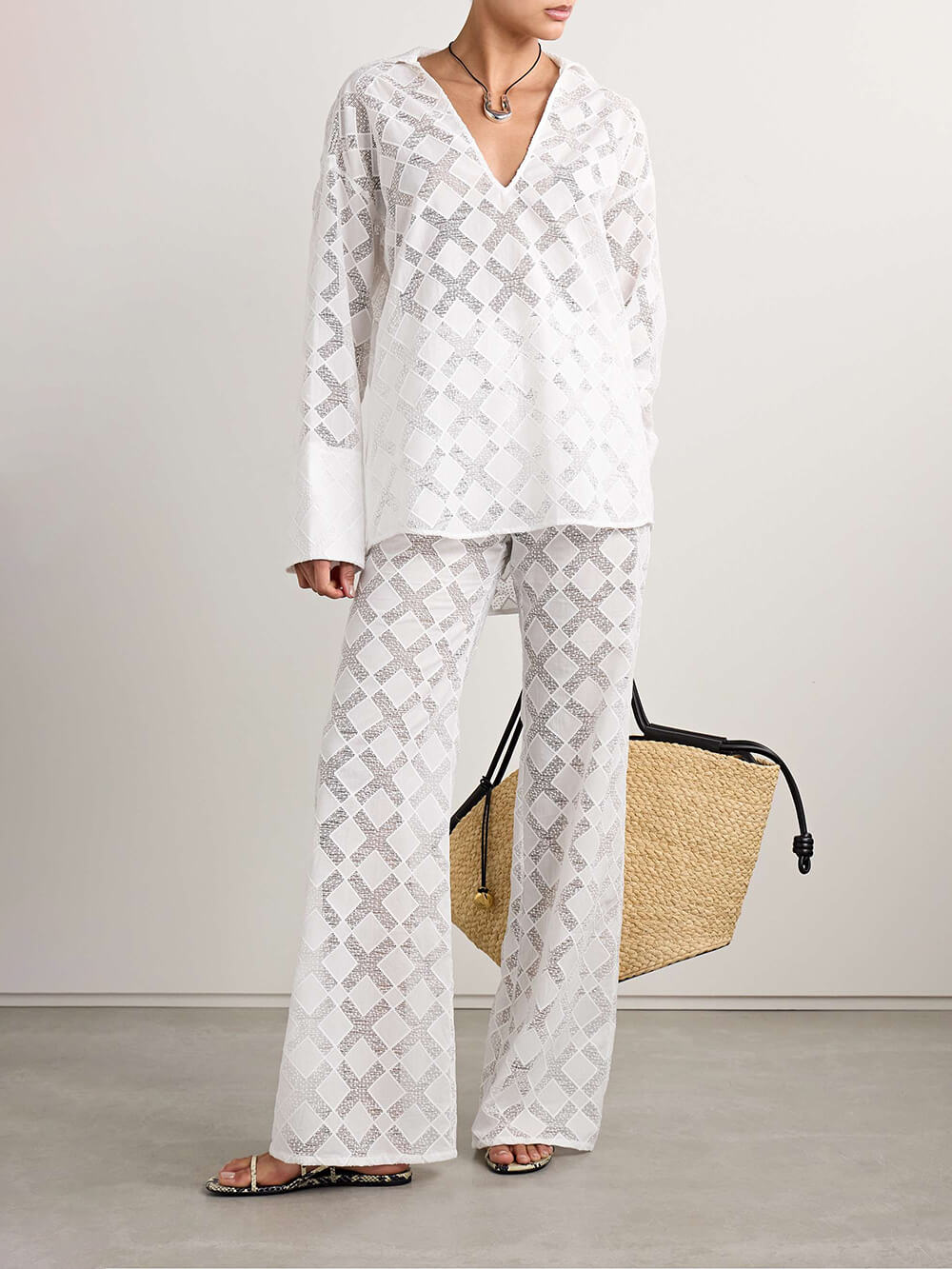 Unique Sheer Lace Panel Loose-Fit Button-Up Blouse