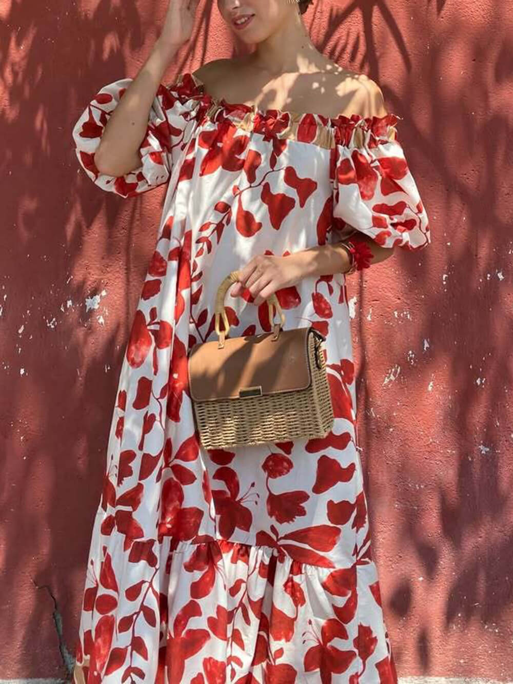 Casual Floral Print Off-Shoulder Puff Sleeve Maxi Dress