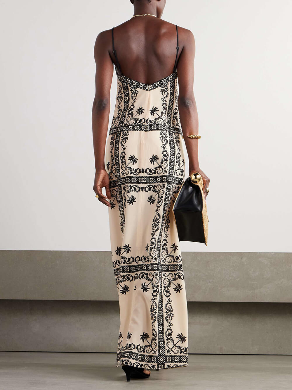 Vintage-Inspired Unique Print Satin Crinkle Maxi Dress