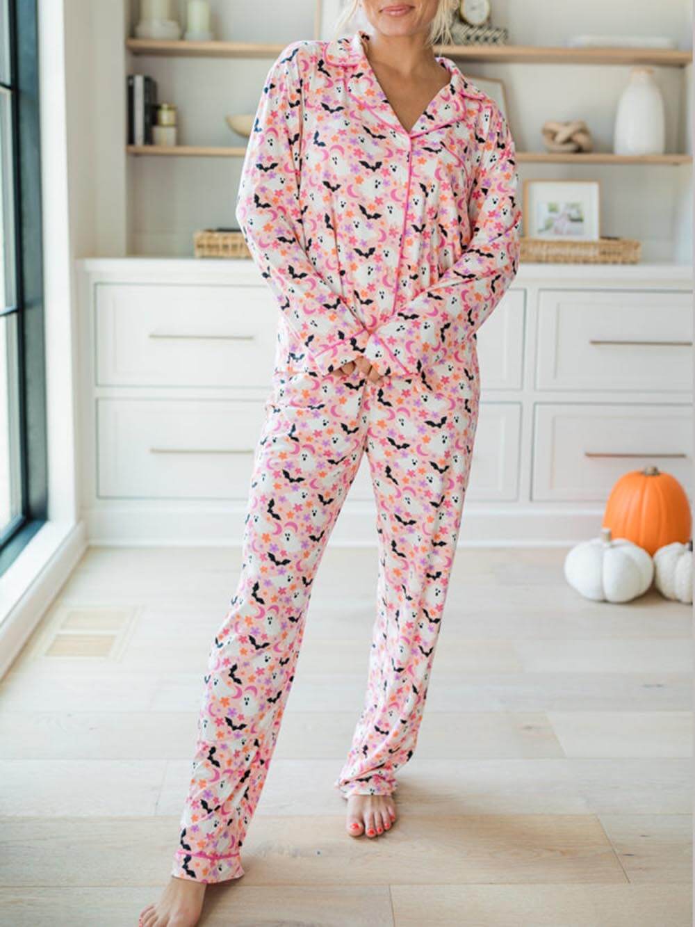 Halloween Eve wearing Haunted Honey Bat Print Pajama Set