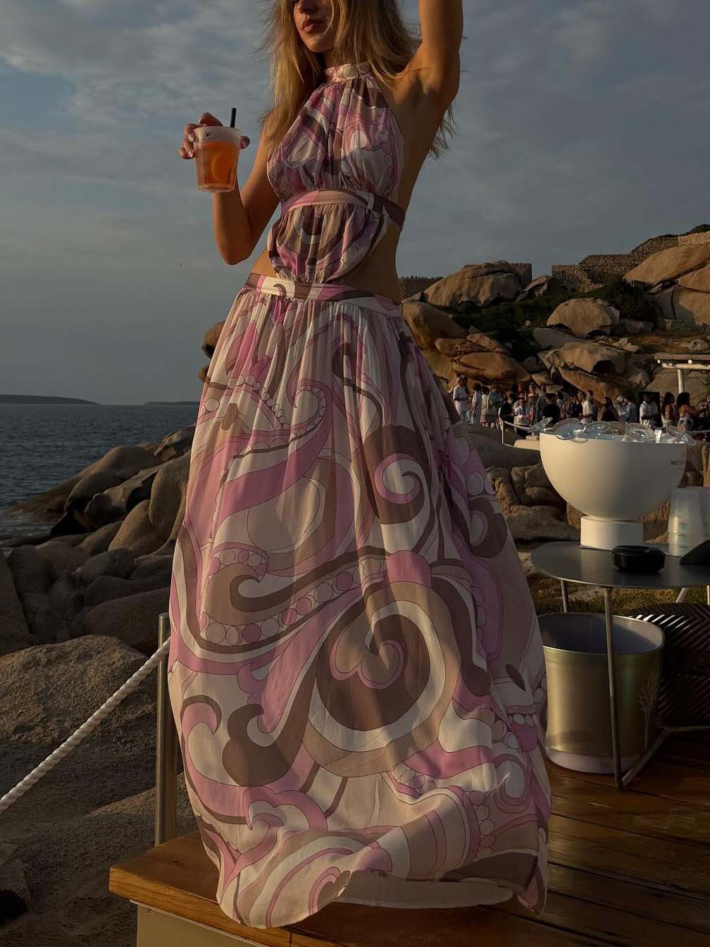 Exquisite Abstract Print Halter Neck Cutout Maxi Dress