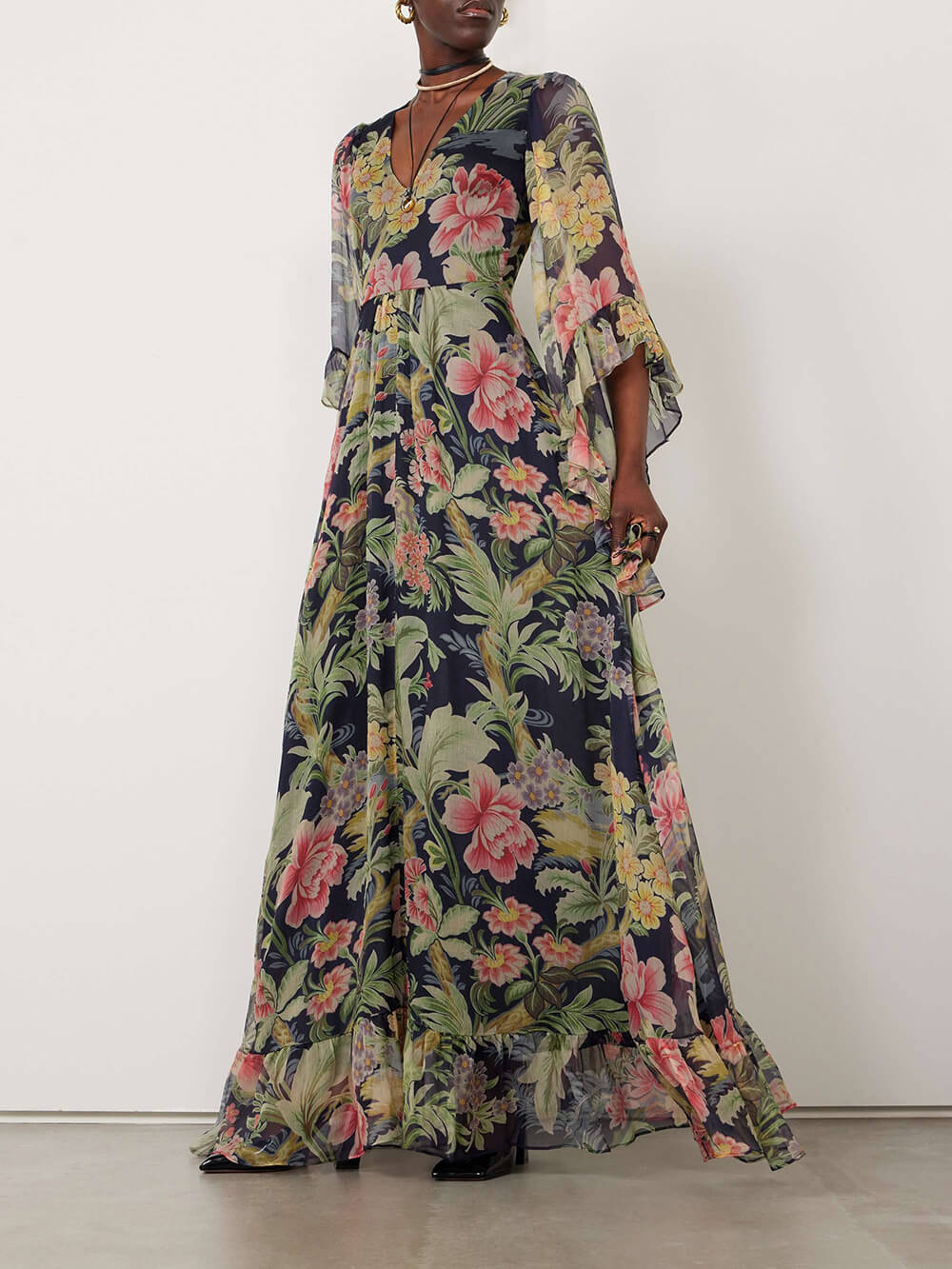 Exquisite Floral Print Tiered Chiffon Maxi Dress