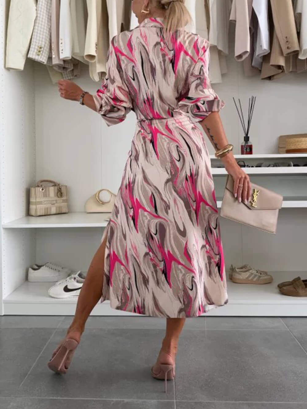 Elegant Ease Satin Printed Tie-Waist Midi Dress