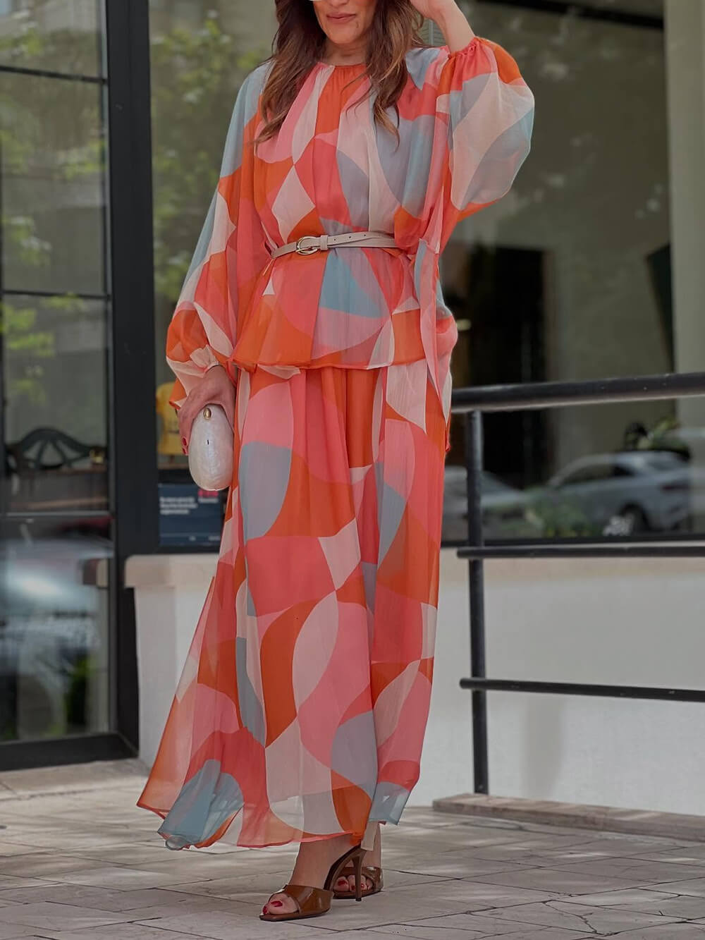 Classic Geometric Print Elastic Waist Maxi Skirt