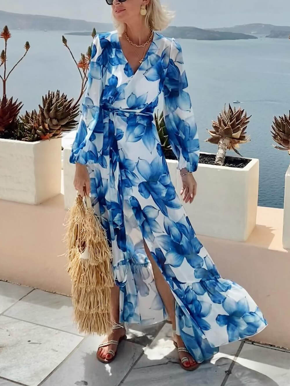 Elegant Floral Print Tie-Front Lantern Sleeve Vacation Maxi Dress