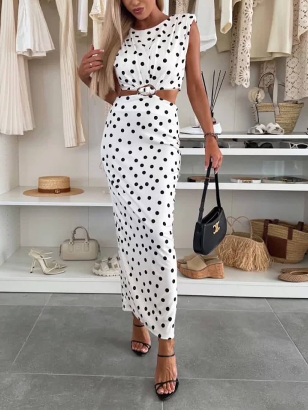 Elegance Timeless Polka Dot Print Cutout Maxi Dress