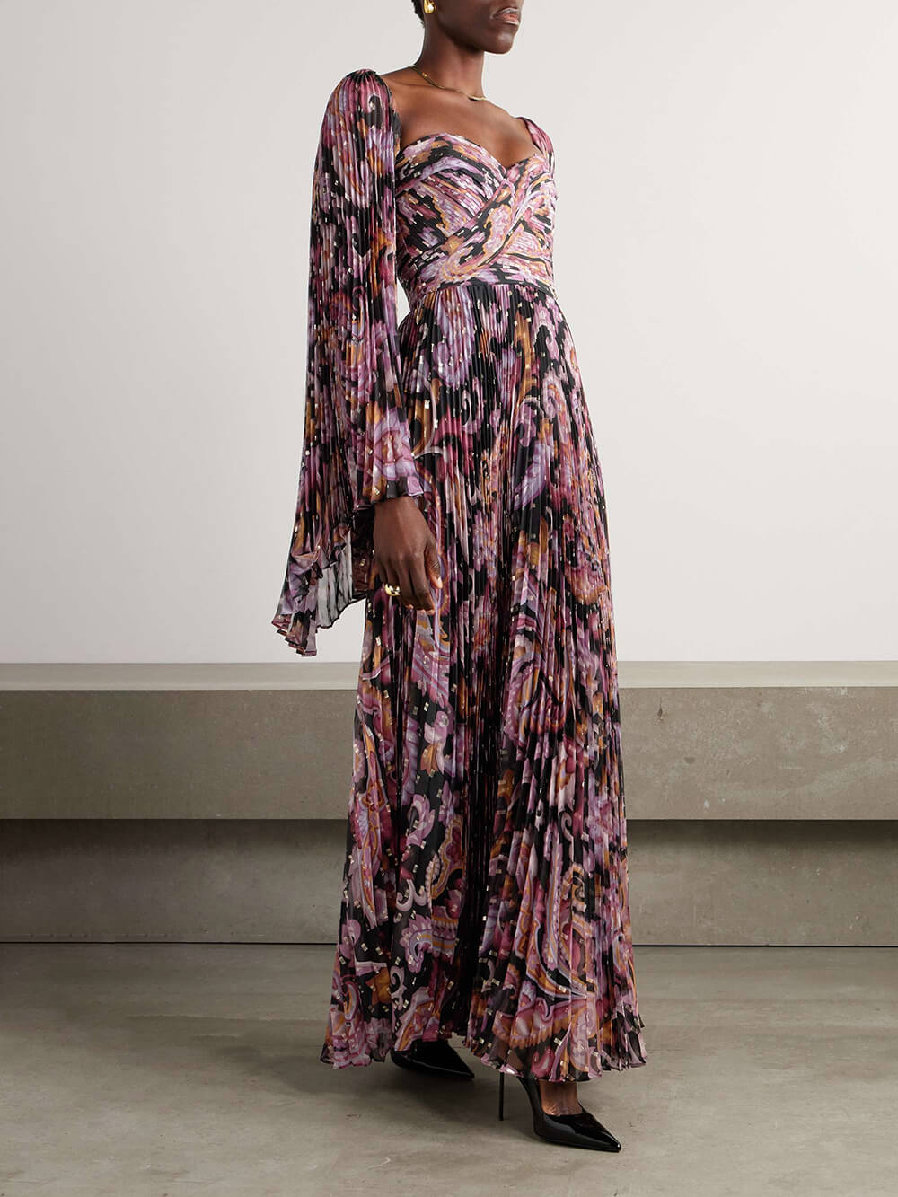 Exquisite Printed Metallic Pleated Chiffon Trumpet Sleeve Maxi Dress
