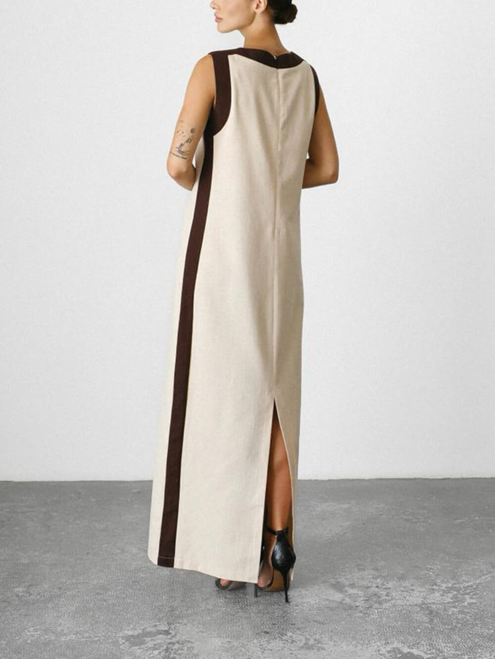 Unique Retro Colorblock Belted Linen Maxi Dress