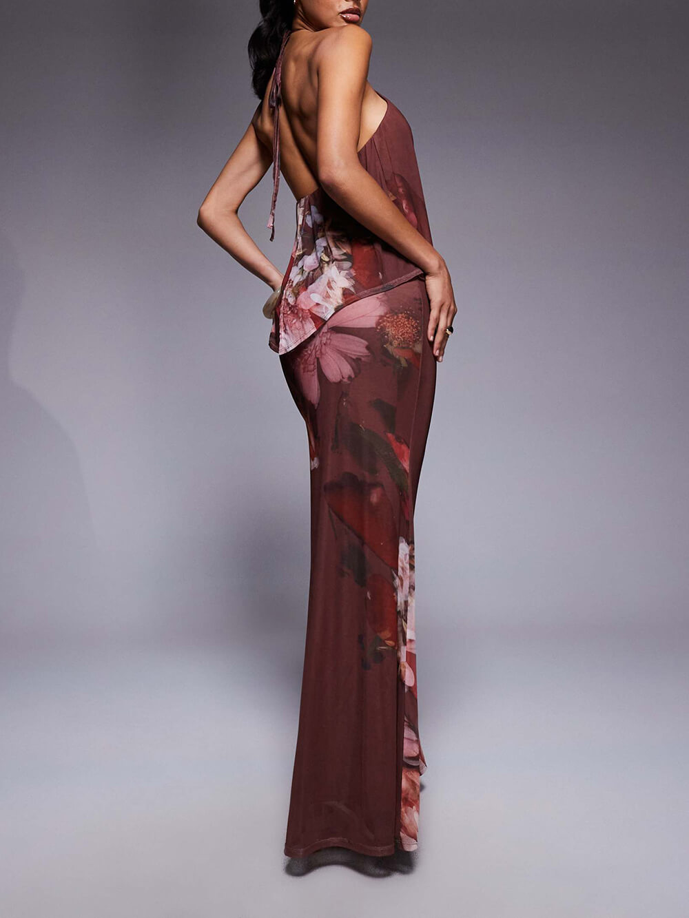 Delicate Floral Print Sheer Overlay Mesh Halter Maxi Dress
