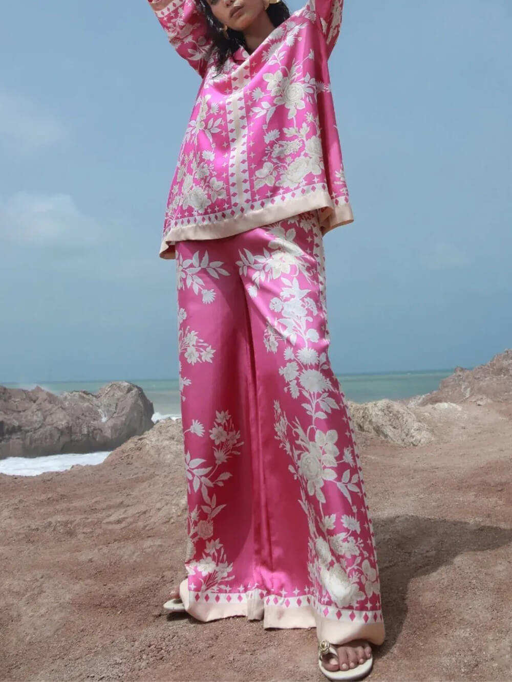 Casual Tropical Bloom Satin Floral Print Patchwork Loose Pocket Wide-Leg Pants