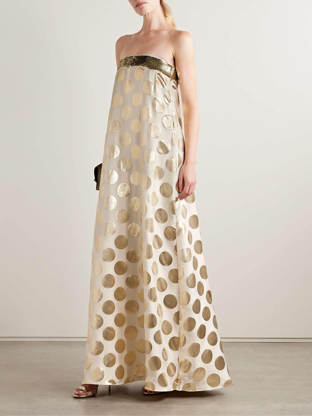 Elegant Off-Shoulder Sequin Metallic Polka Dot Maxi Dress