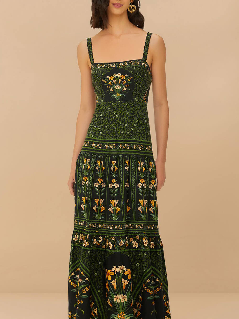 Unique Tropical Bloom Floral Print Linen-Blend Pleated Back Maxi Dress