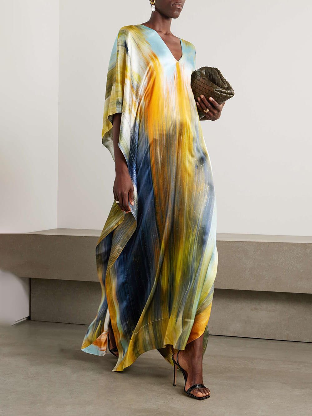 Casual Retro Asymmetric Gradient Print Ruffled Satin Maxi Dress