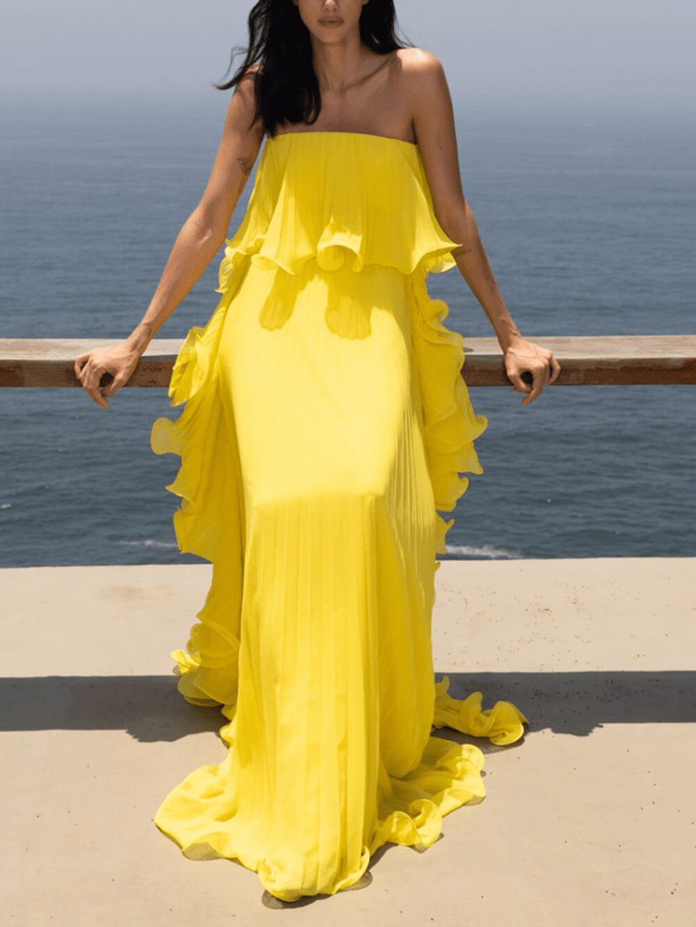 Elegant Chiffon Pleated Wavy Ruffles Trim Strapless Loose Maxi Dress