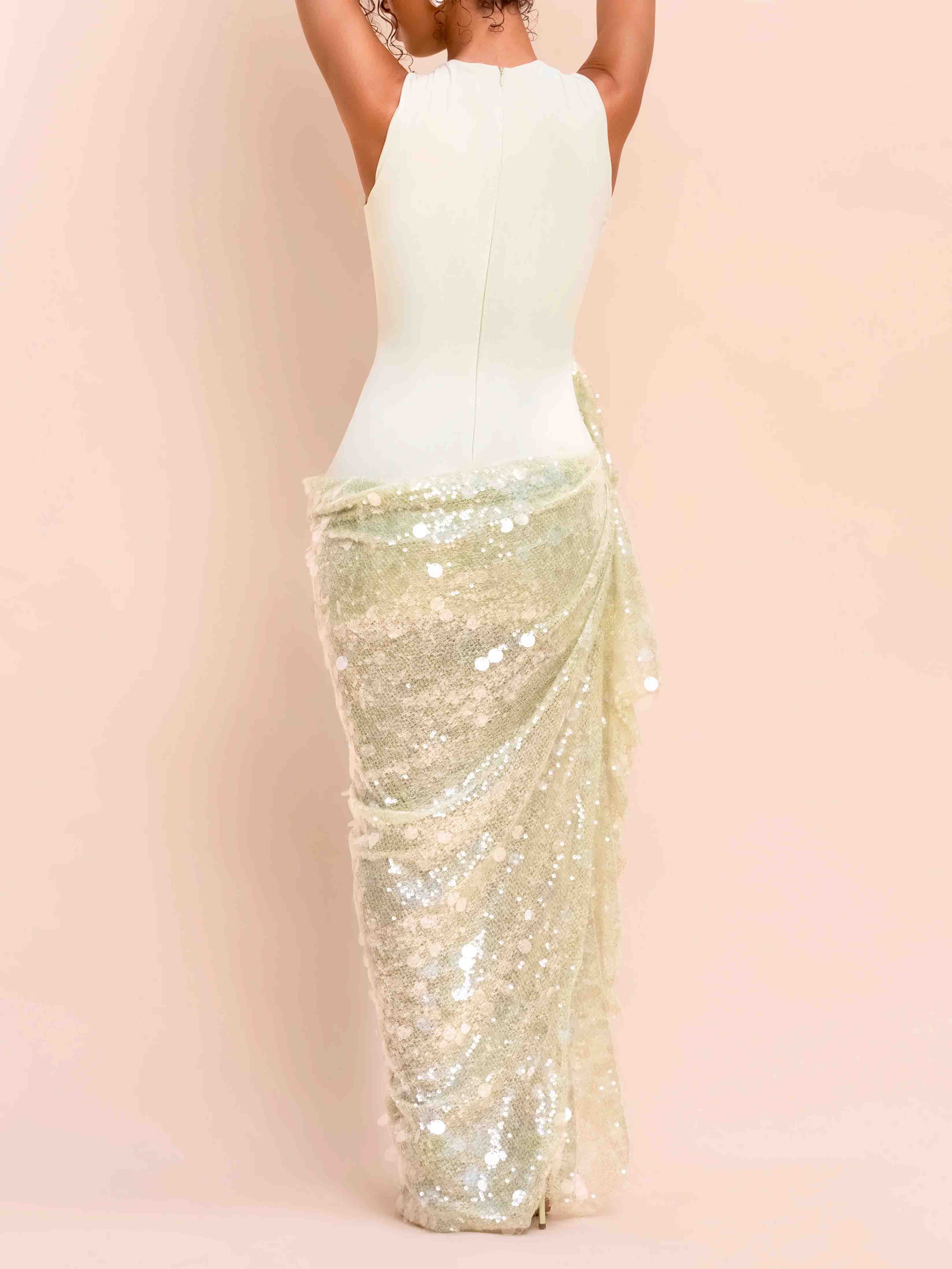 Elegant Sleeveless Sequined Draped Maxi Dress
