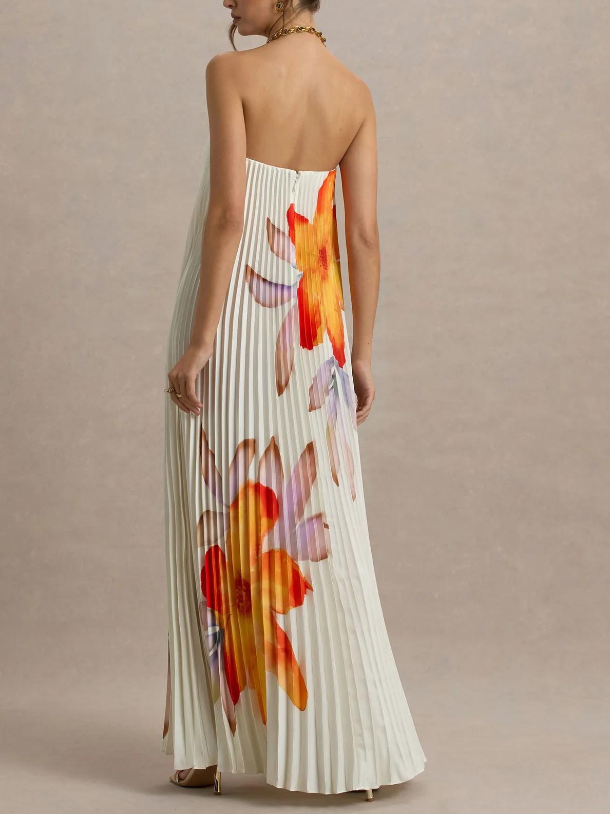Elegant Sweetheart Orange Floral Print Pleated Maxi Dress