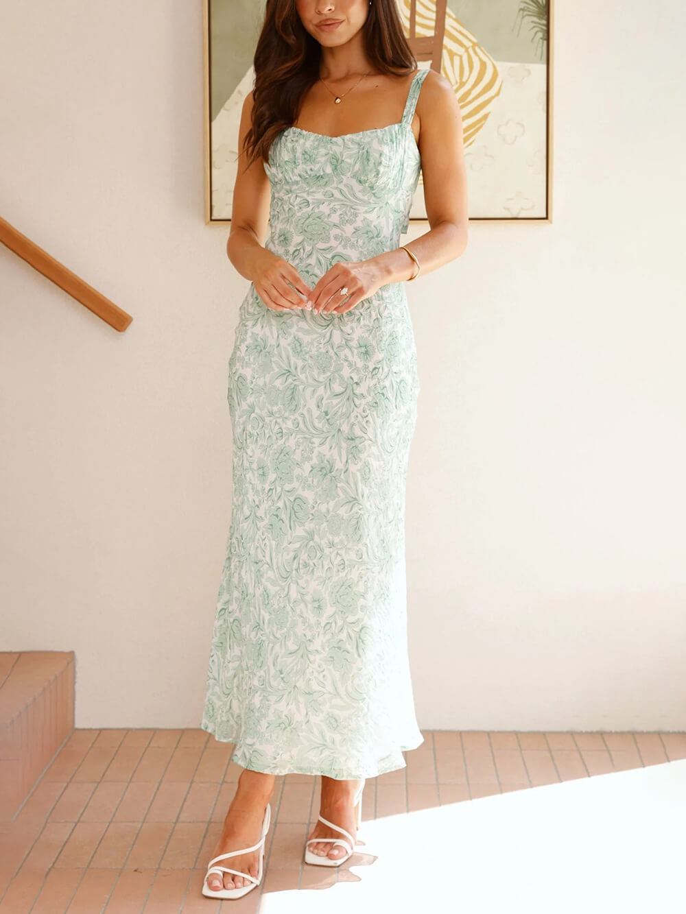 Sophisticated Floral Print Open Back Pleated Midi Dress