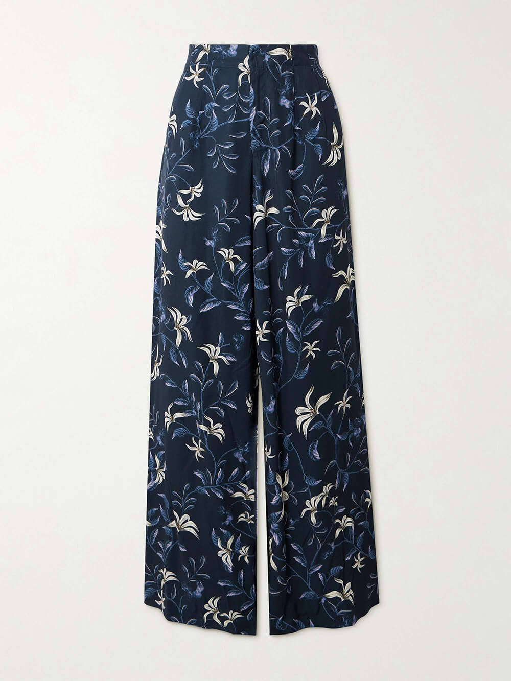 Delicate Floral Print Satin Twill Wide-Leg Pants