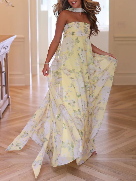 Elegant Off-the-Shoulder Chiffon Printed Scarf Maxi Dress