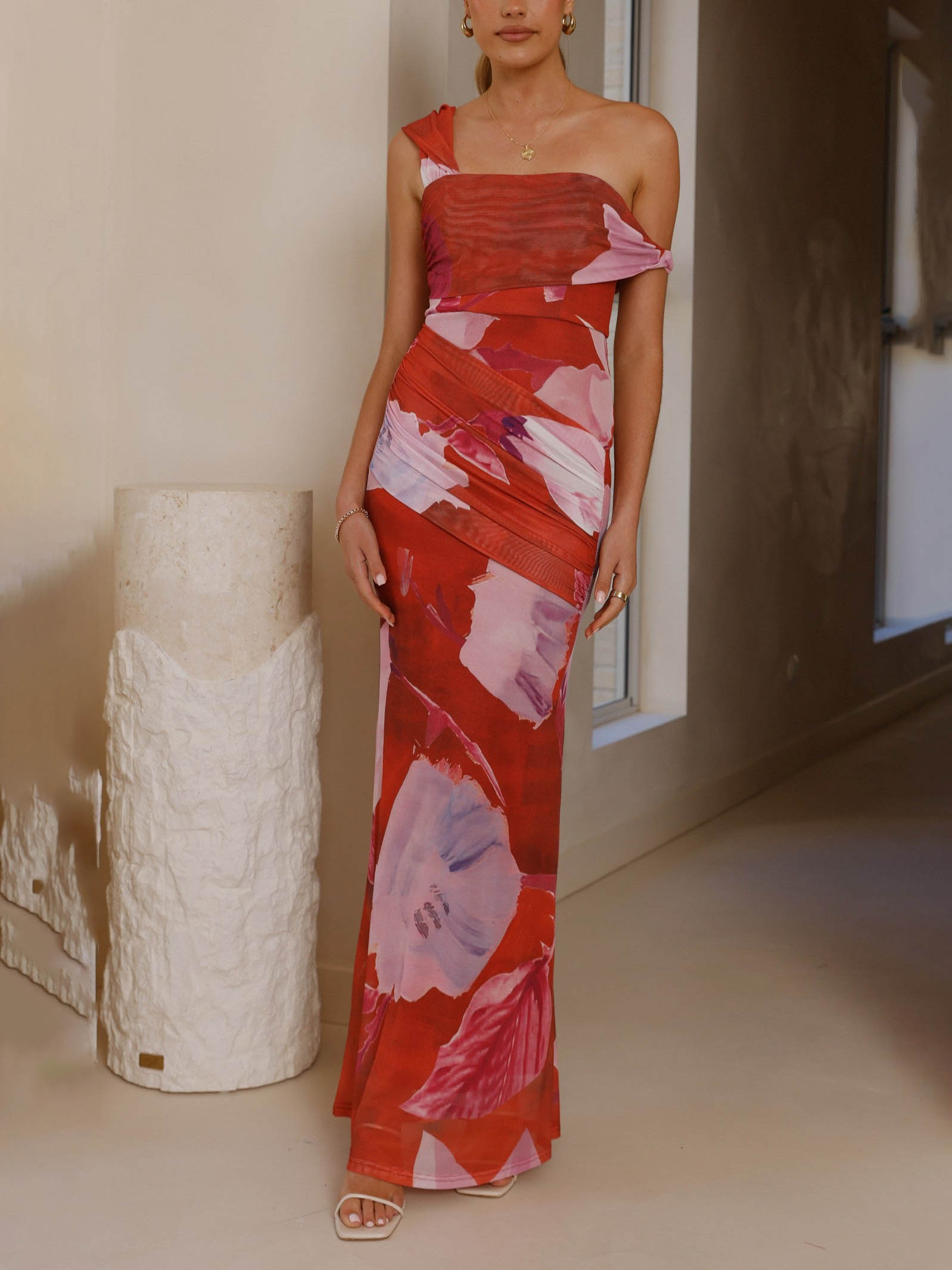 Elegant One Shoulder Floral Print Mesh Maxi Dress