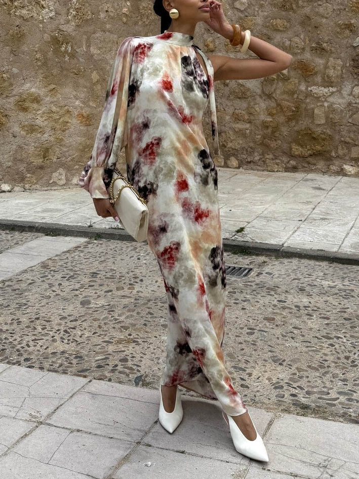 Unique Watercolor Print Single Puff Sleeve Maxi Dress